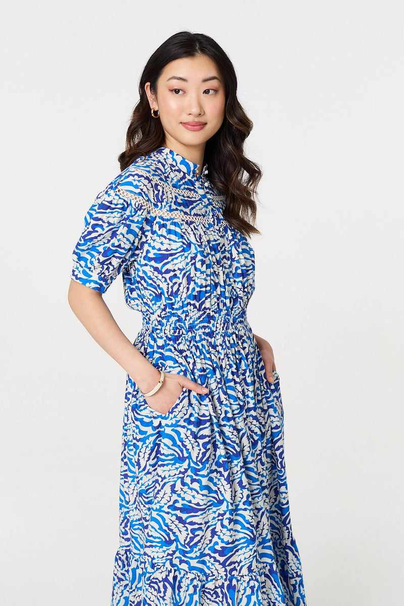 Leaf Print 1/2 Sleeve Midi Shirt Dress