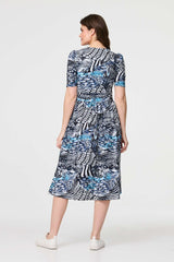 Abstract Ruched 1/2 Sleeve Midi Dress