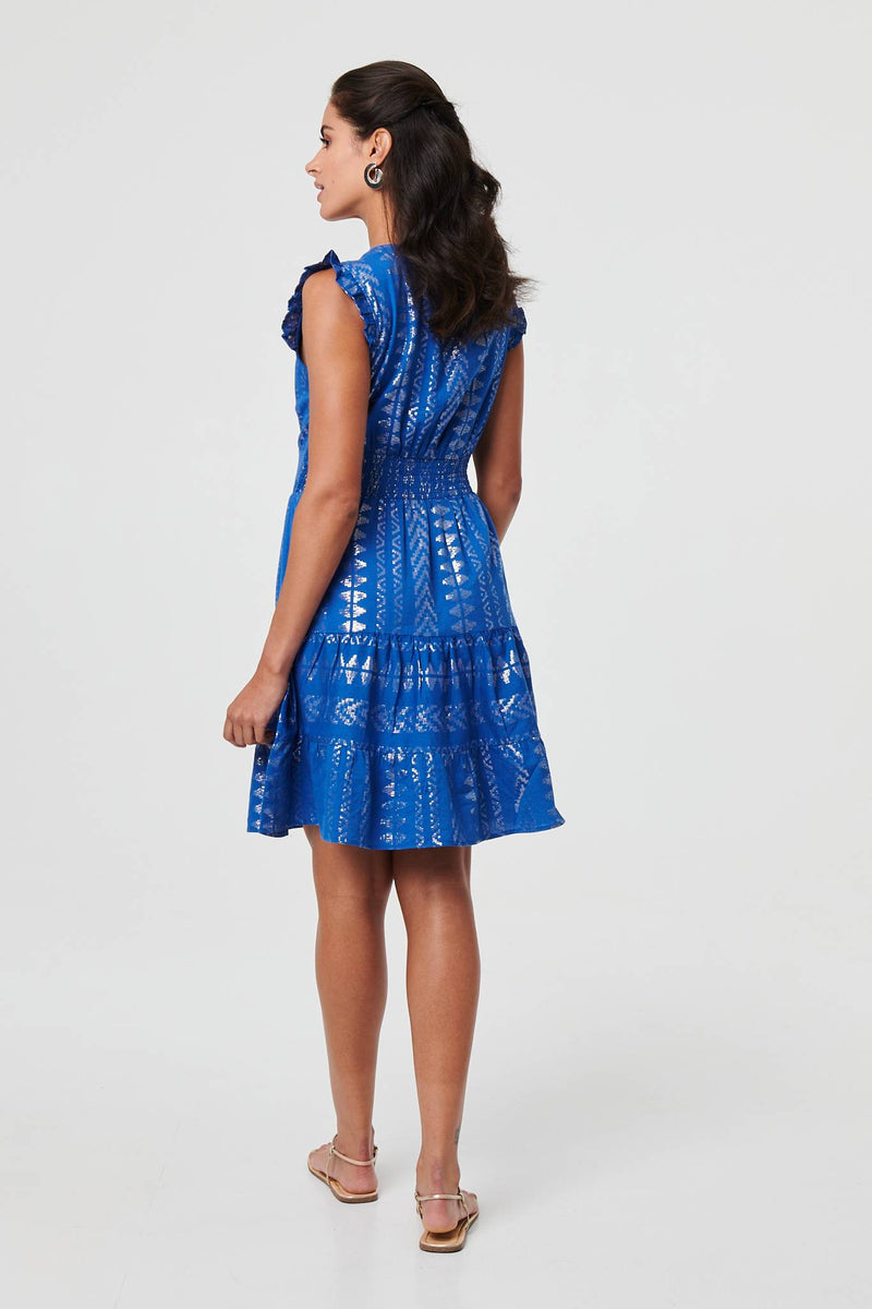Metallic Cap Sleeve Short Skater Dress