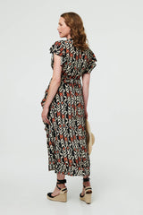 Abstract Frilled Sleeve Wrap Midi Dress