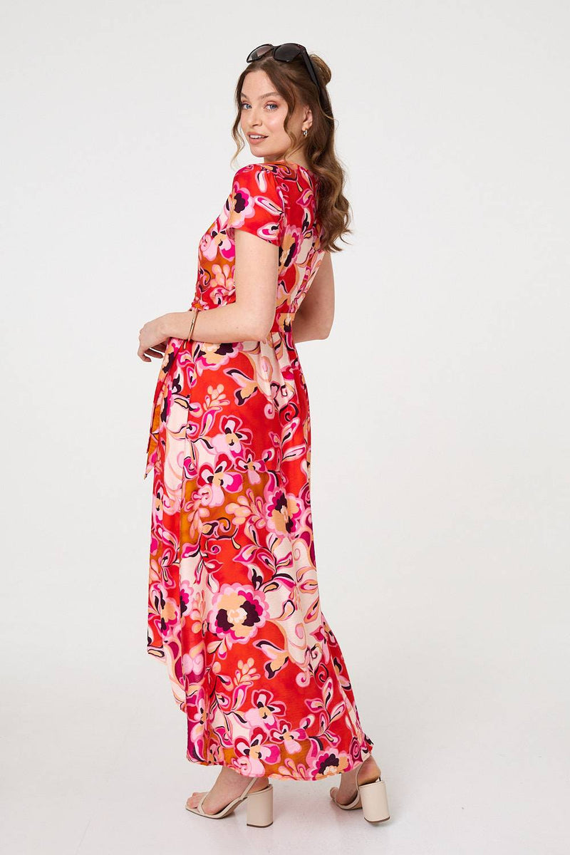 Printed Short Sleeve Wrap Midi Dress