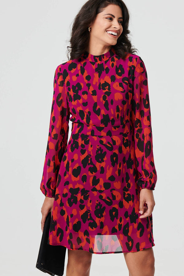 Animal Print Tie Waist Mini Skater Dress