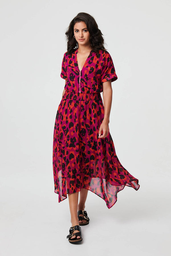 Animal Print Zip Hanky Hem Midi Dress