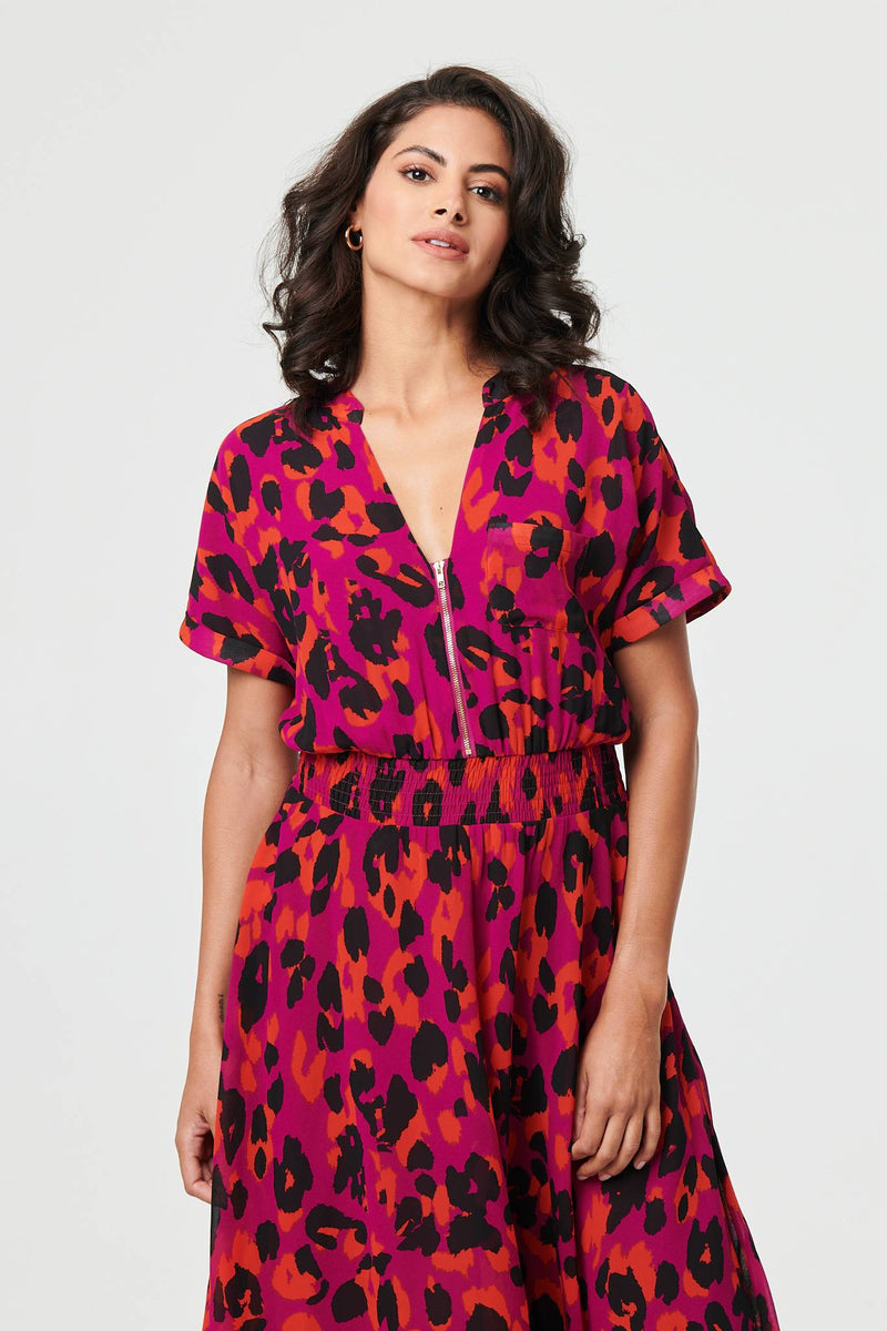 Animal Print Zip Hanky Hem Midi Dress