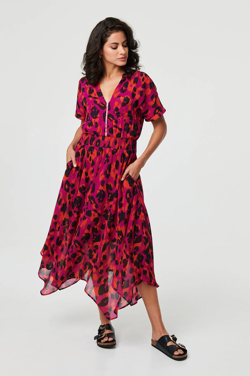 Animal Print Zip Hanky Hem Midi Dress
