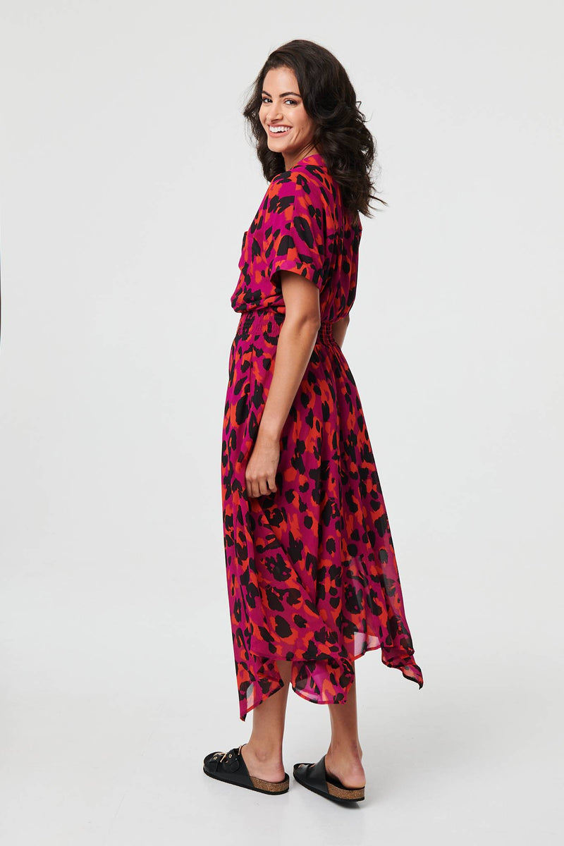 Animal Print Zip Hanky Hem Midi Dress