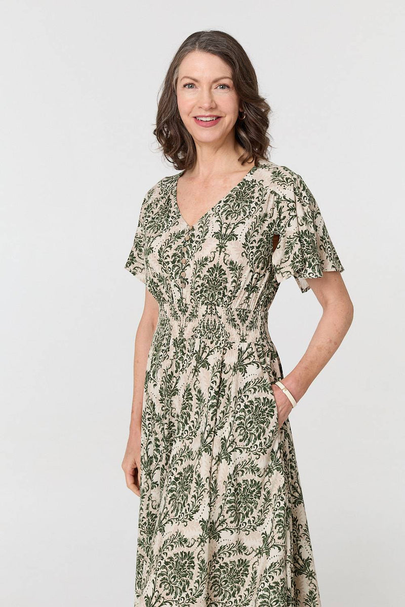Printed Smocked Short Sleeve Midi Dress