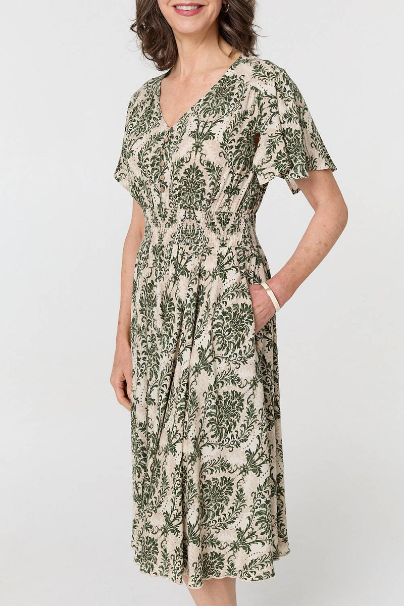 Printed Smocked Short Sleeve Midi Dress