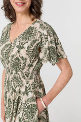 Printed Smocked Short Sleeve Midi Dress