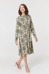 Baroque Print Tie Waist Midi Shirt Dress