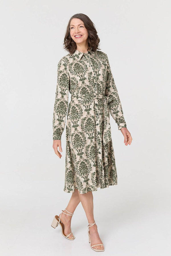 Baroque Print Tie Waist Midi Shirt Dress