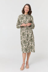 Baroque Print Tie Waist Midi Shirt Dress