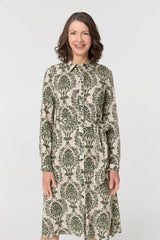 Baroque Print Tie Waist Midi Shirt Dress