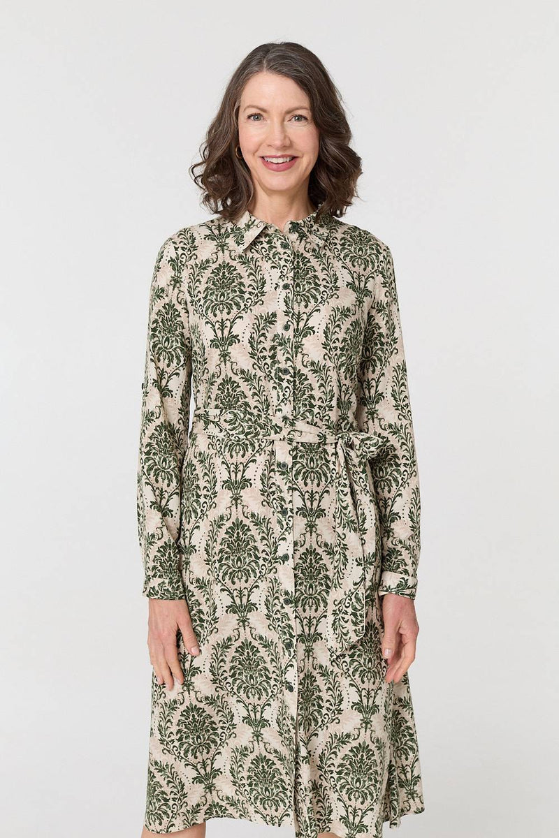 Baroque Print Tie Waist Midi Shirt Dress