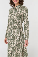Baroque Print Tie Waist Midi Shirt Dress
