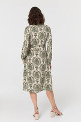 Baroque Print Tie Waist Midi Shirt Dress