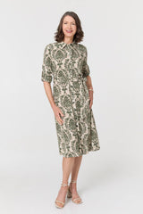 Baroque Print Tie Waist Midi Shirt Dress