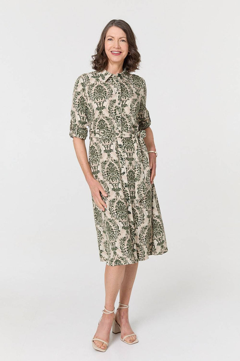 Baroque Print Tie Waist Midi Shirt Dress