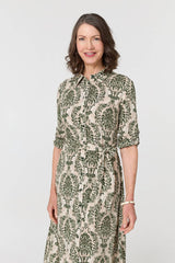Baroque Print Tie Waist Midi Shirt Dress