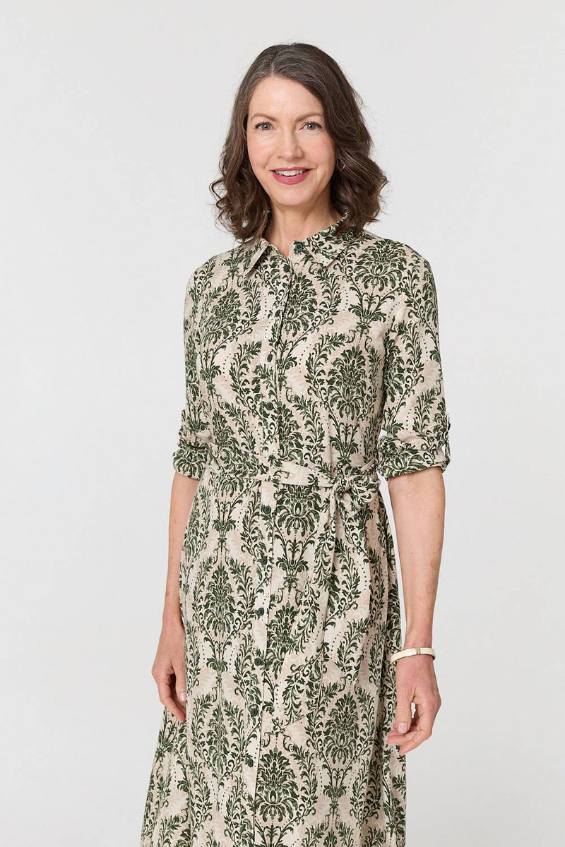 Baroque Print Tie Waist Midi Shirt Dress