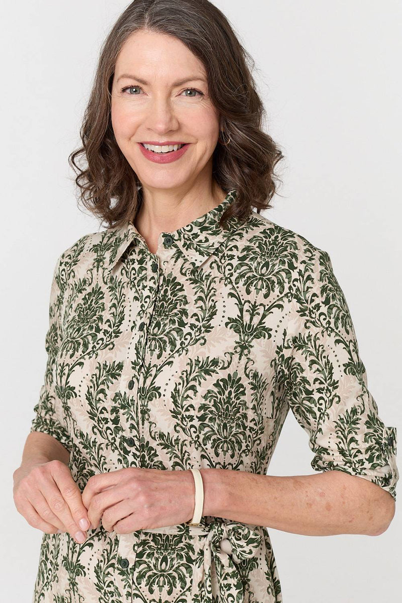Baroque Print Tie Waist Midi Shirt Dress