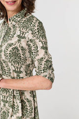 Baroque Print Tie Waist Midi Shirt Dress