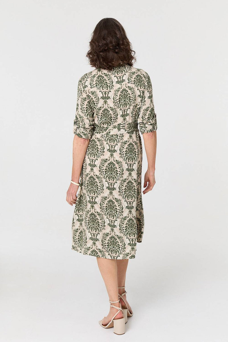 Baroque Print Tie Waist Midi Shirt Dress