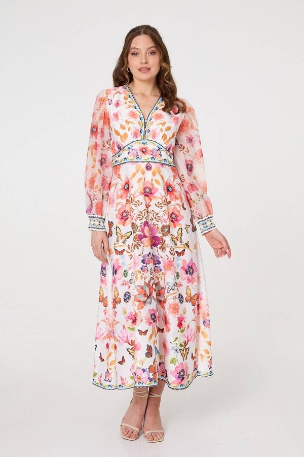 Pink Floral Border Print Empire Midi Dress