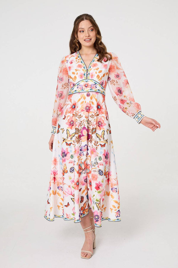 Pink Floral Border Print Empire Midi Dress
