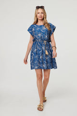 Floral Cap Sleeve Tie Waist Mini Dress