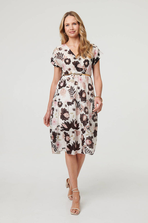 Floral Cap Sleeve Belted Wrap Midi Dress