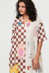 Abstract 1/2 Sleeve Midi Shift Dress