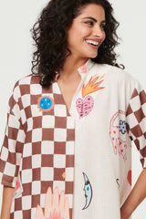 Abstract 1/2 Sleeve Midi Shift Dress
