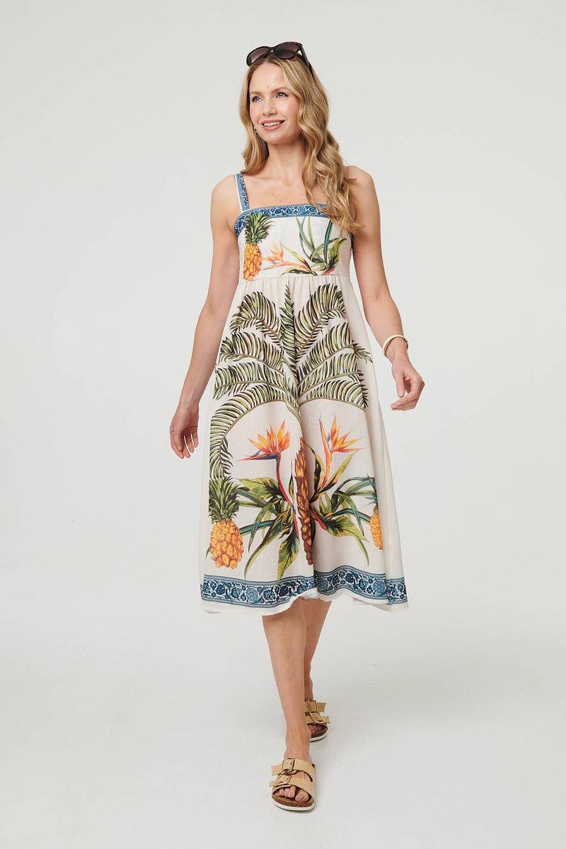 Tropical Print Sleeveless Midi Dress