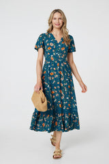 Floral Lace Trim Short Sleeve Midi Dress