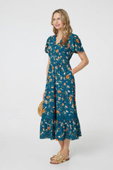 Floral Lace Trim Short Sleeve Midi Dress