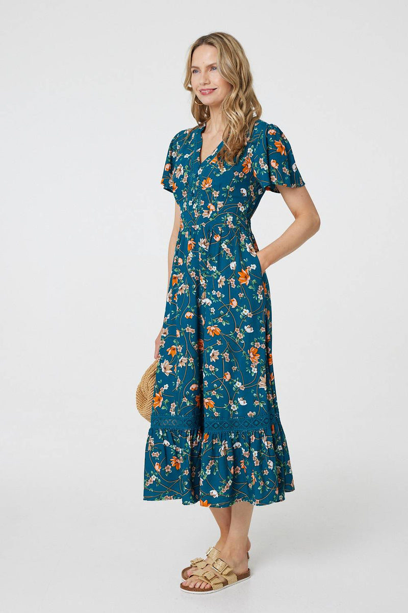 Floral Lace Trim Short Sleeve Midi Dress