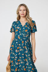 Floral Lace Trim Short Sleeve Midi Dress