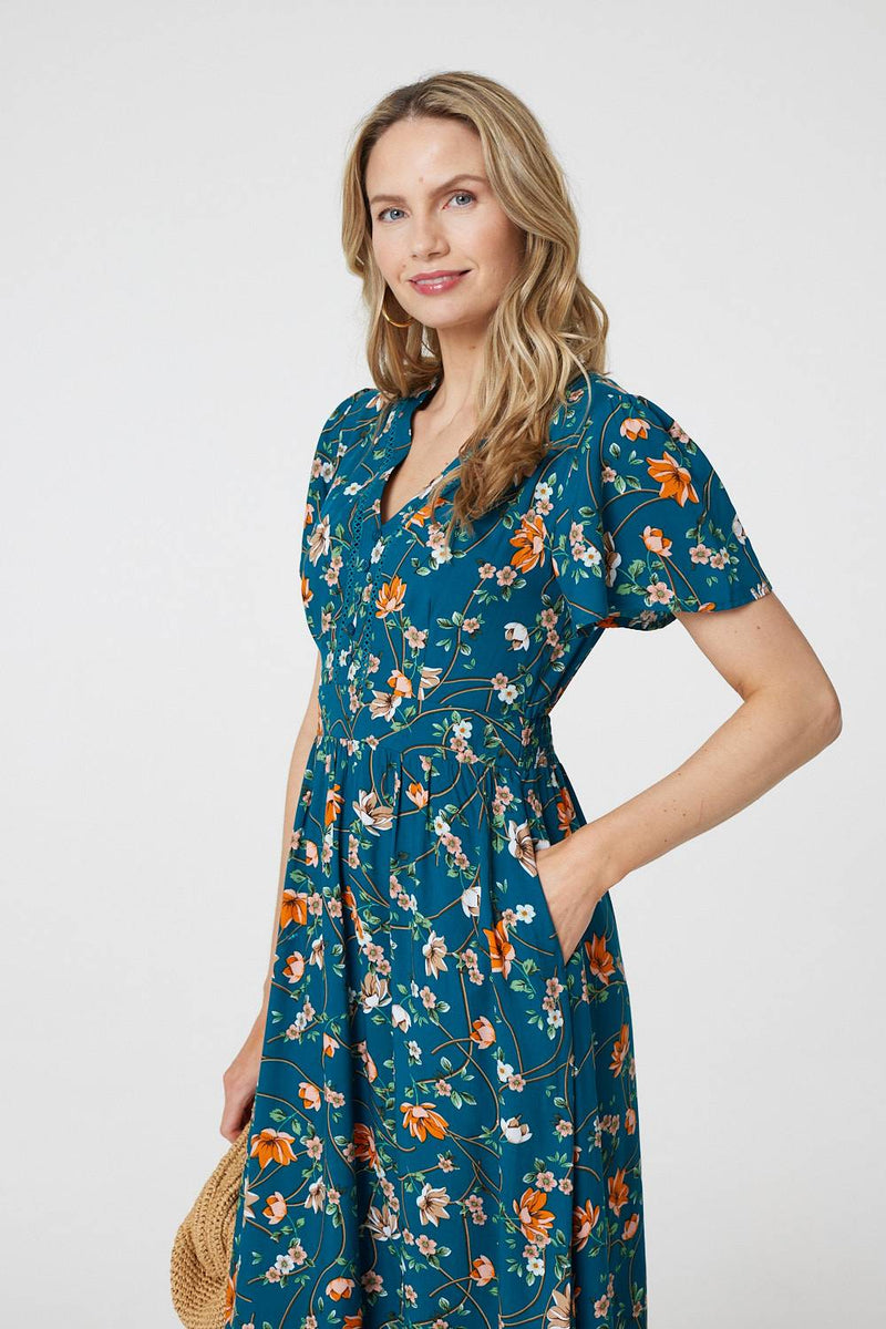 Floral Lace Trim Short Sleeve Midi Dress