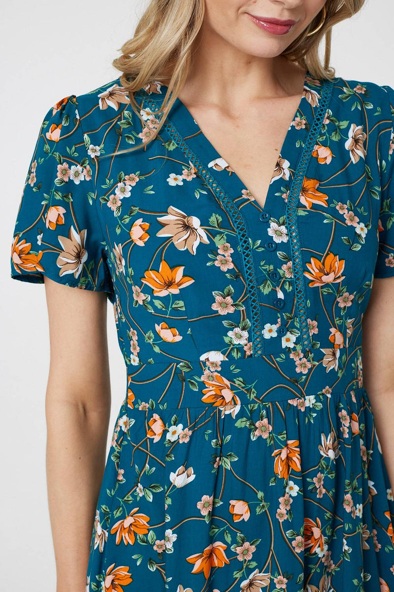 Floral Lace Trim Short Sleeve Midi Dress