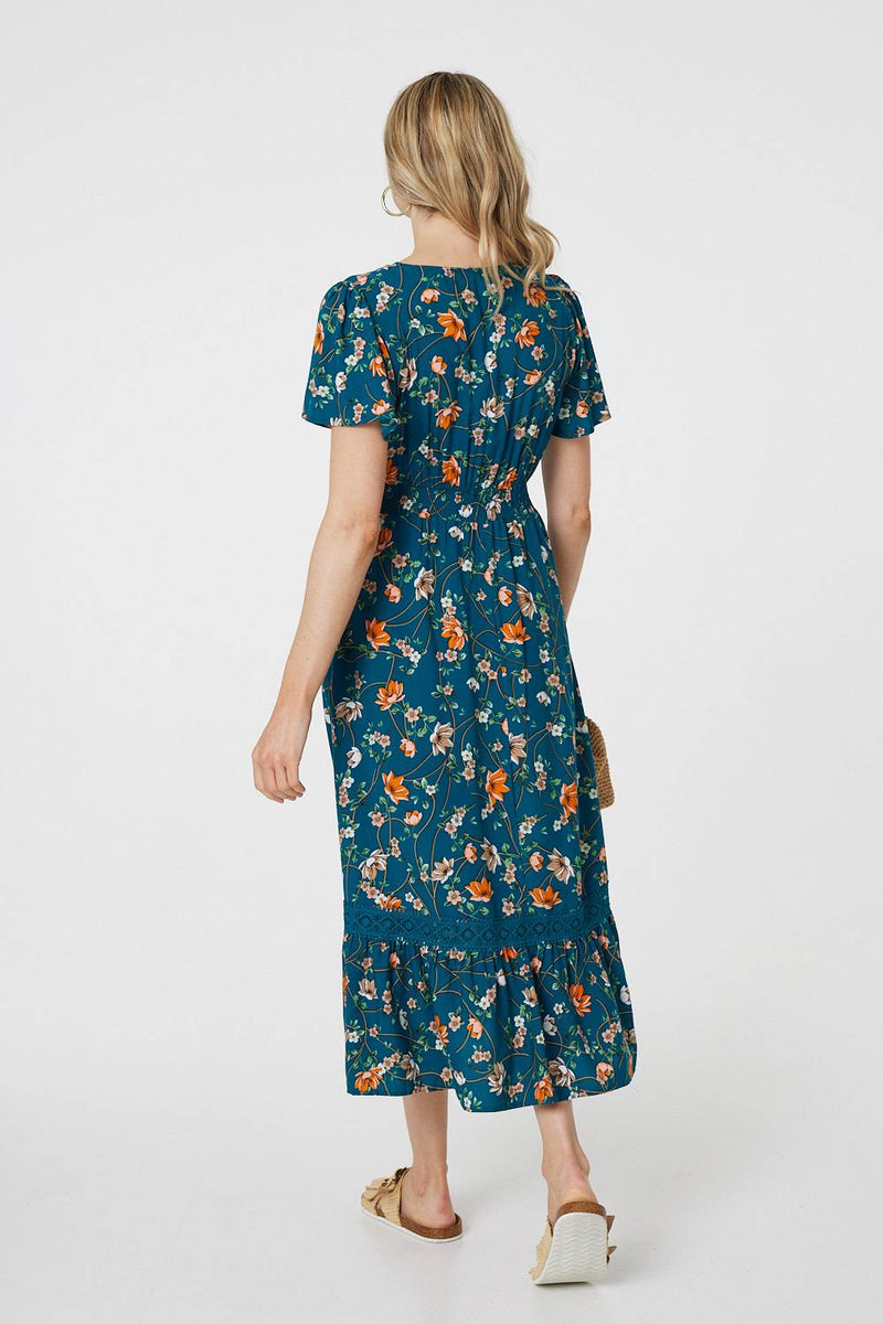 Floral Lace Trim Short Sleeve Midi Dress