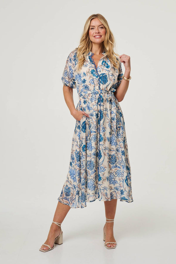 Floral Lace Trim Tie Waist Midi Dress