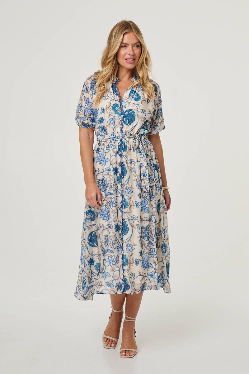Floral Lace Trim Tie Waist Midi Dress