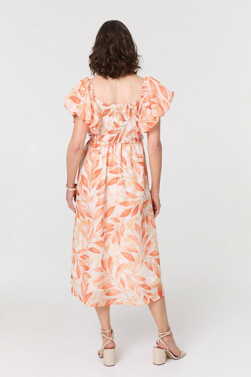 Leaf Print Short Puff Sleeve Midi Dress