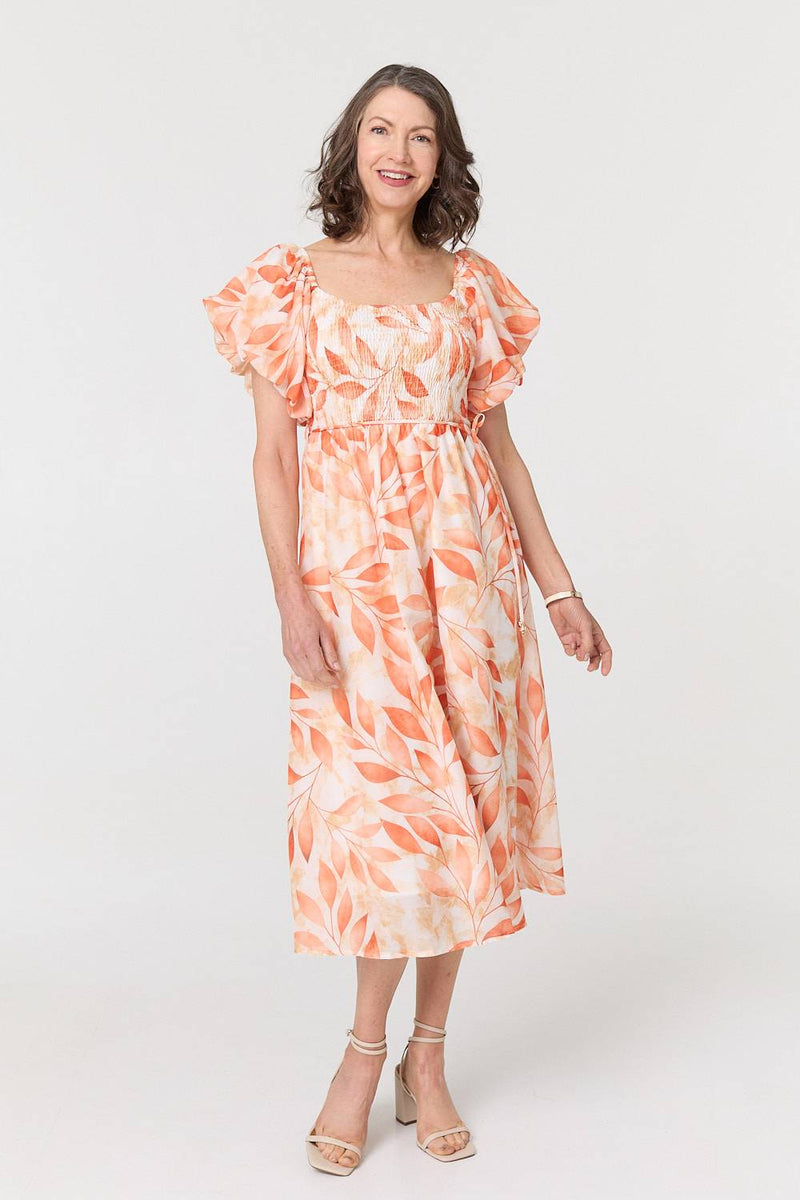 Leaf Print Short Puff Sleeve Midi Dress
