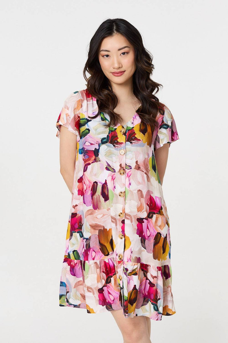 Brushstroke Floral V-Neck Smock Dress