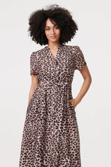 Animal Print Belted Midi Shirt Dress