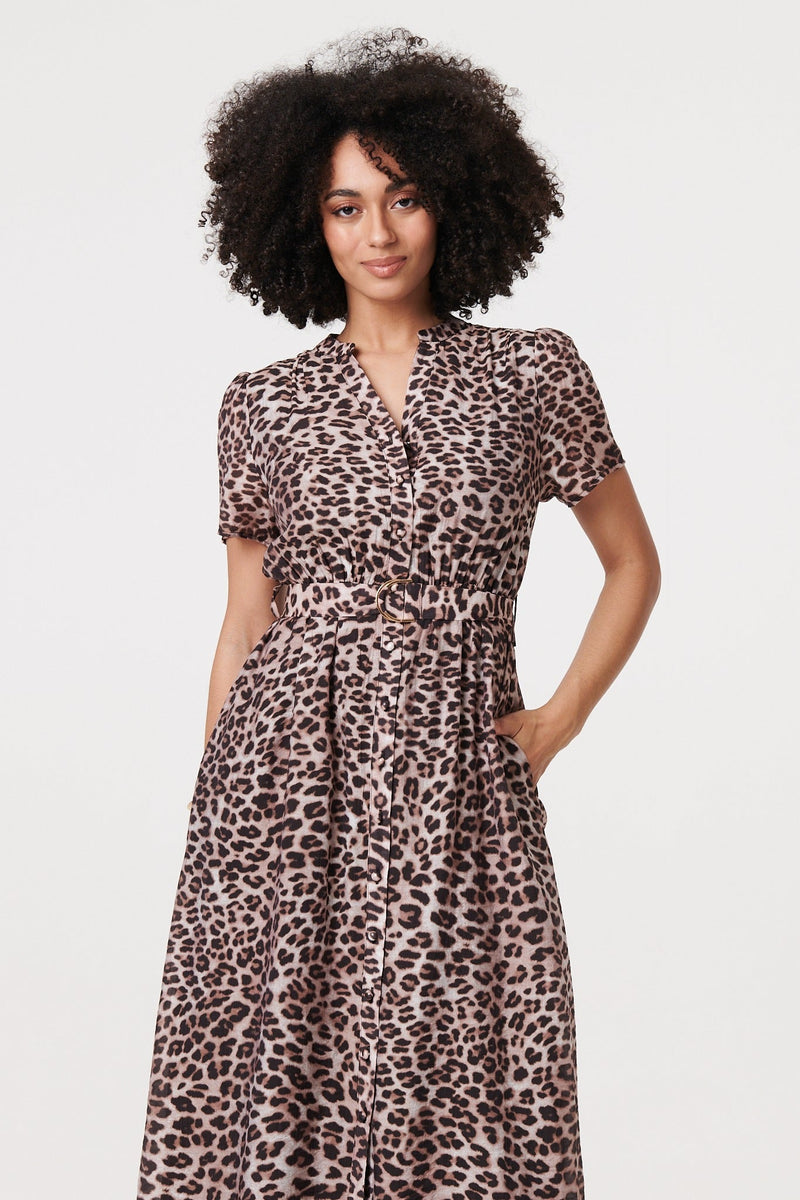 Animal Print Belted Midi Shirt Dress