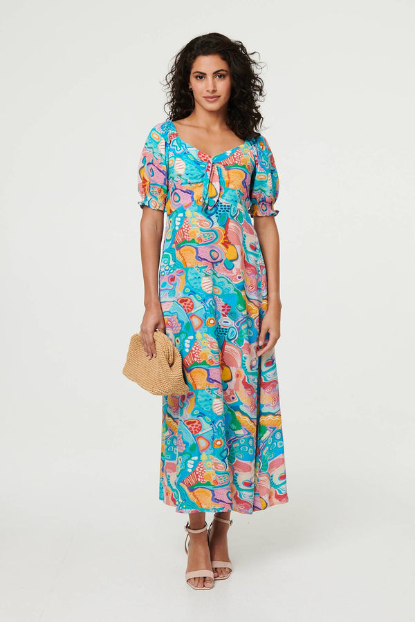 Abstract Tie Neck Puff Sleeve Midi Dress