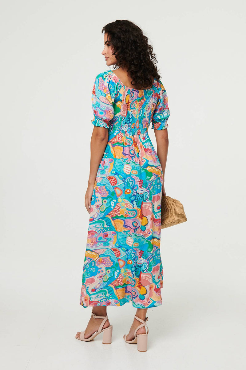 Abstract Tie Neck Puff Sleeve Midi Dress